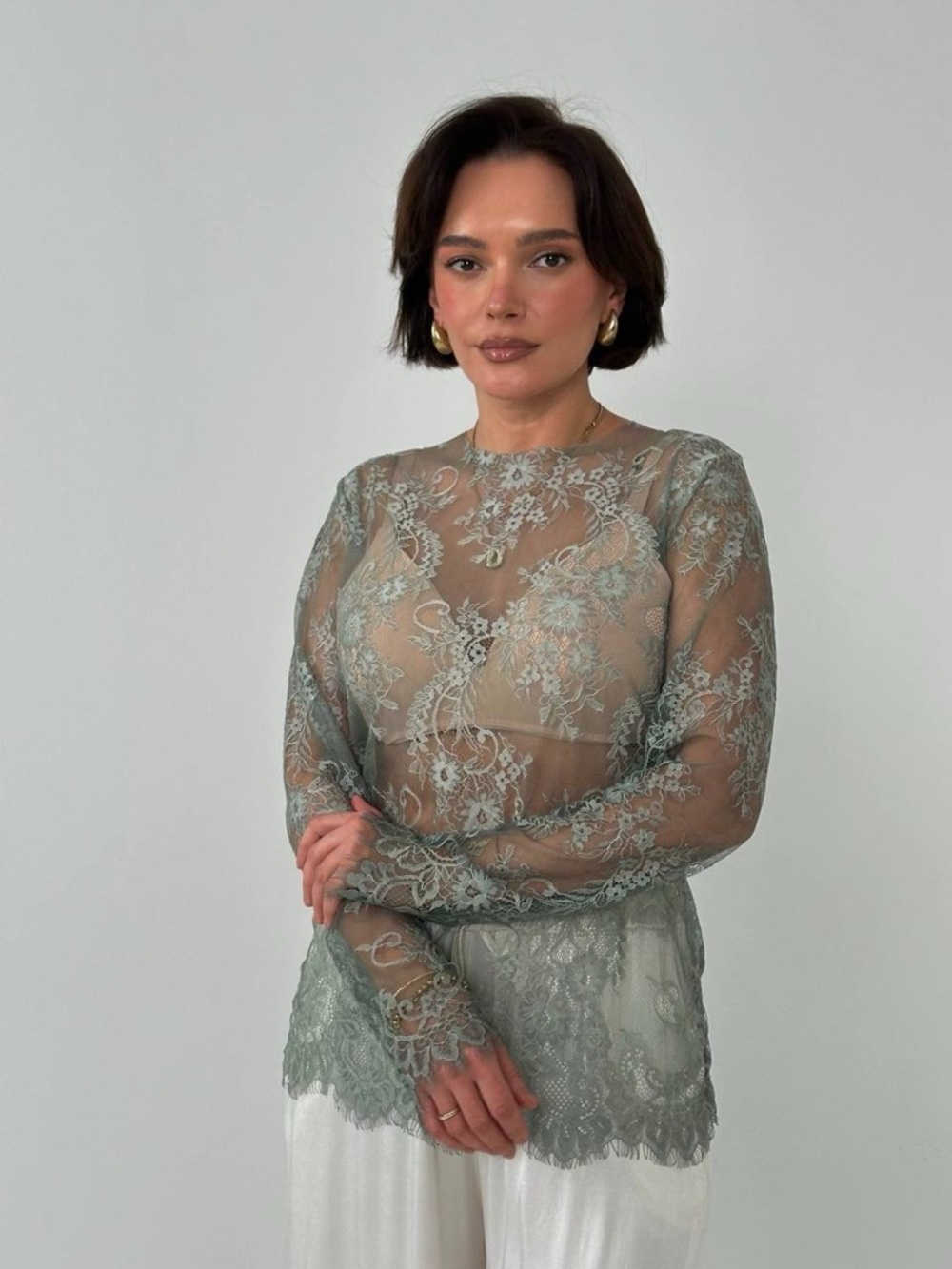Sheer Floral Lace Blouse in Sage Green